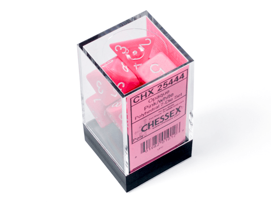 Chessex: Opaque Pink/White Polyhedral 7 - Dice Set - Collector Store LLC