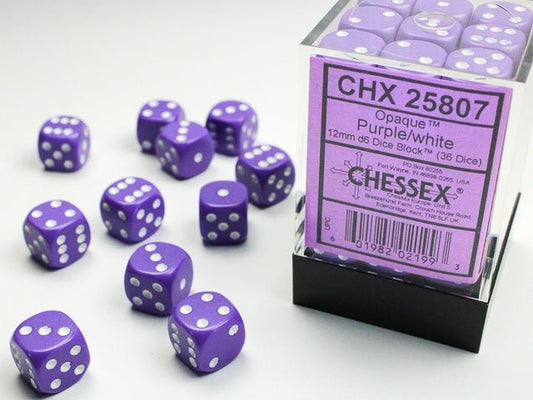 Chessex: Opaque Purple/White 12mm d6 Dice Block (36 Dice) - Collector Store LLC