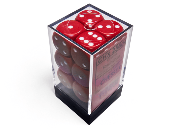 Chessex: Opaque Red/White 16mm d6 Dice Block (12 Dice) - Collector Store LLC