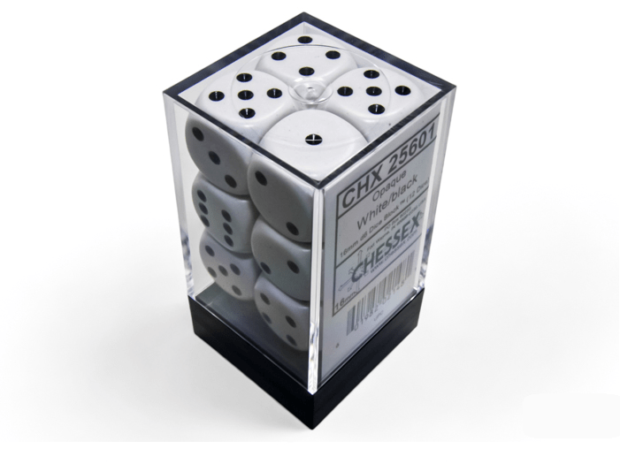 Chessex: Opaque White/Black 16mm d6 Dice Block (12 Dice) - Collector Store LLC