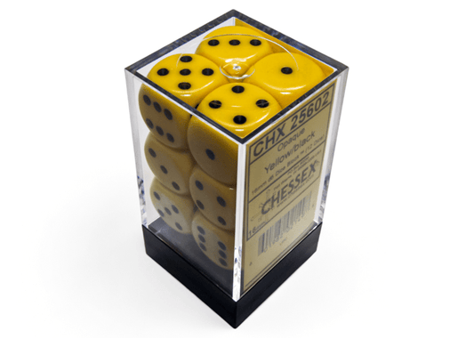 Chessex: Opaque Yellow/Black 16mm d6 Dice Block (12 Dice) - Collector Store LLC