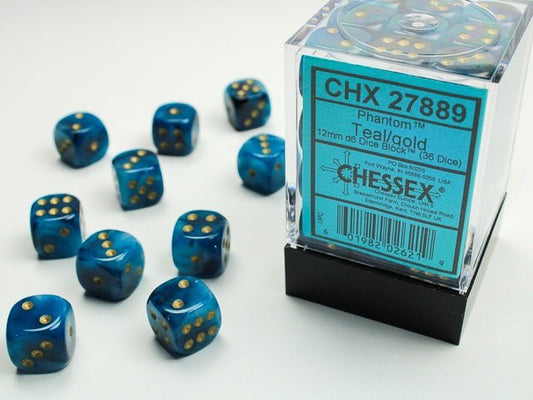 Chessex: Phantom Teal/Gold 12mm d6 Dice Block (36 Dice) - Collector Store LLC