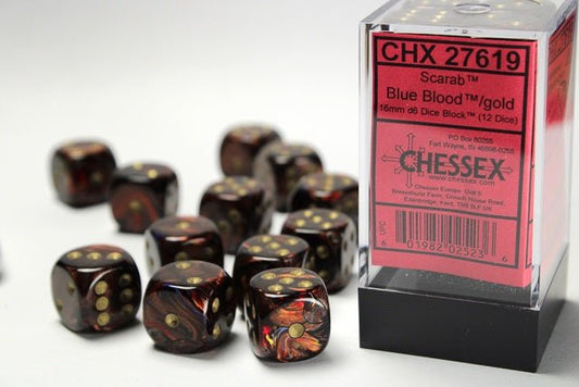 Chessex: Scarab BlueBlood/Gold 16mm d6 Dice Block (12 Dice) - Collector Store LLC