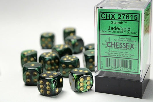 Chessex: Scarab Jade/Gold 16mm d6 Dice Block (12 Dice) - Collector Store LLC