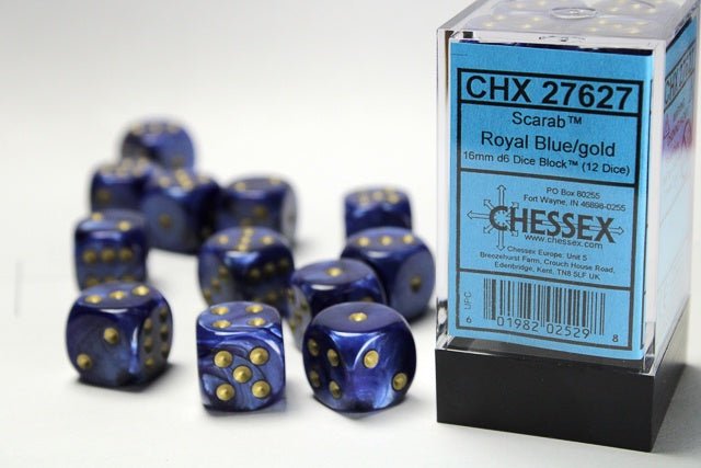 Chessex: Scarab RoyalBlue/Gold 16mm d6 Dice Block (12 Dice) - Collector Store LLC