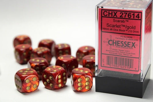 Chessex: Scarab Scarlet/Gold 16mm d6 Dice Block (12 Dice) - Collector Store LLC