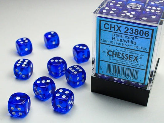 Chessex: Translucent Blue/White 12mm d6 Dice Block (36 Dice) - Collector Store LLC