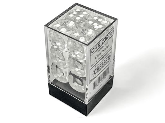 Chessex: Translucent Clear/White 16mm d6 Dice Block (12 Dice) - Collector Store LLC