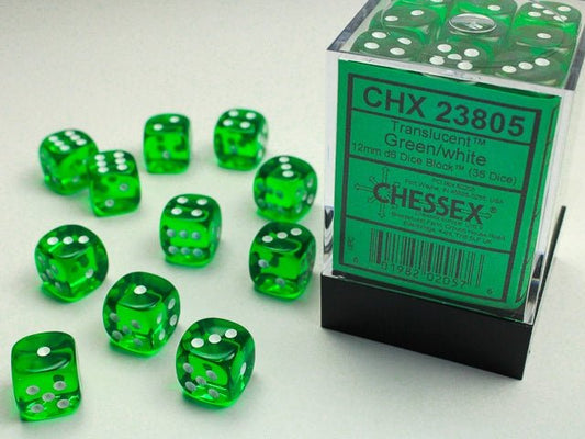 Chessex: Translucent Green/White 12mm d6 Dice Block (36 Dice) - Collector Store LLC