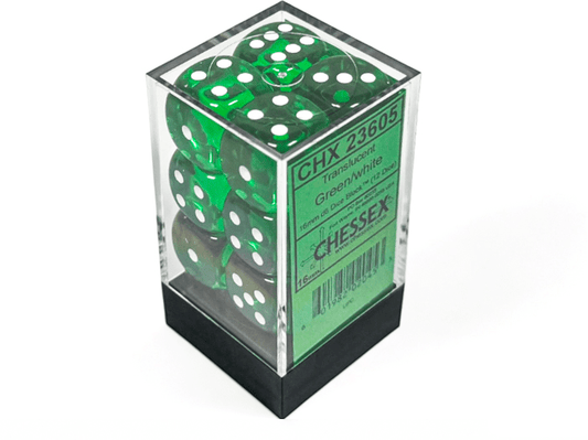 Chessex: Translucent Green/White 16mm d6 Dice Block (12 Dice) - Collector Store LLC
