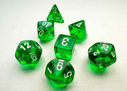 Chessex: Translucent Green/White MINI Polyhedral 7 - Dice Set - Collector Store LLC