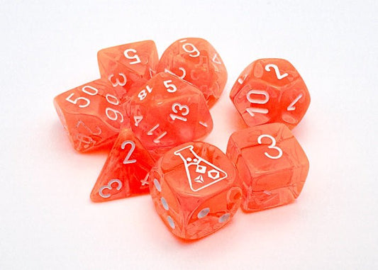 Chessex: Translucent NeonOrange/White Polyhedral 7 - Dice Set (with Bonus Dice) - Collector Store LLC