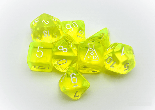 Chessex: Translucent NeonYellow/White Polyhedral 7 - Dice Set (with Bonus Dice) - Collector Store LLC