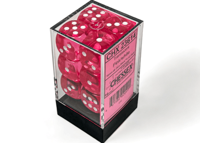 Chessex: Translucent Pink/White 16mm d6 Dice Block (12 Dice) - Collector Store LLC