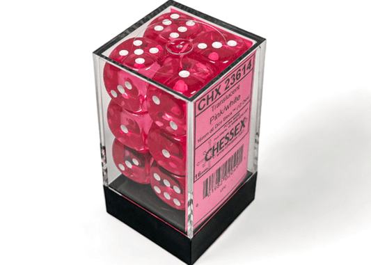Chessex: Translucent Pink/White 16mm d6 Dice Block (12 Dice) - Collector Store LLC