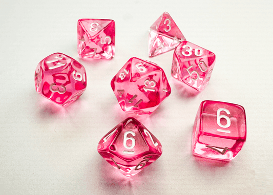 Chessex: Translucent Pink/White MINI Polyhedral 7 - Dice Set - Collector Store LLC
