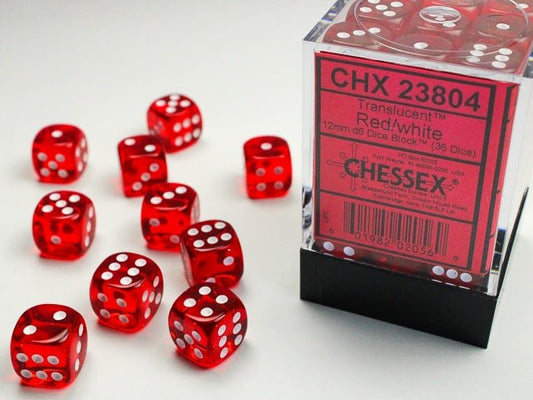 Chessex: Translucent Red/White 12mm d6 Dice Block (36 Dice) - Collector Store LLC