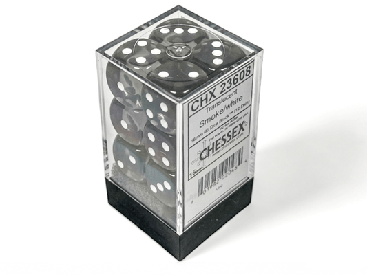Chessex: Translucent Smoke/White 16mm d6 Dice Block (12 Dice) - Collector Store LLC