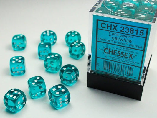 Chessex: Translucent Teal/White 12mm d6 Dice Block (36 Dice) - Collector Store LLC