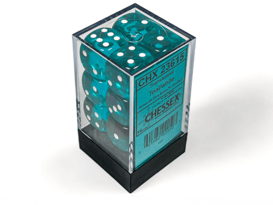 Chessex: Translucent Teal/White 16mm d6 Dice Block (12 Dice) - Collector Store LLC