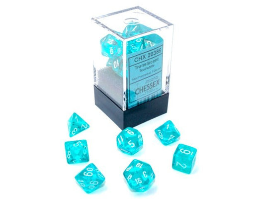 Chessex: Translucent Teal/White MINI Polyhedral 7 - Dice Set - Collector Store LLC