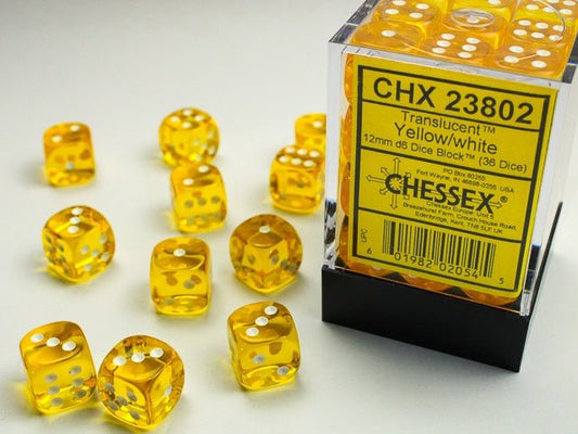 Chessex: Translucent Yellow/White 12mm d6 Dice Block (36 Dice) - Collector Store LLC