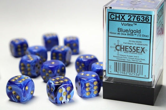 Chessex: Vortex Blue/Gold 16mm d6 Dice Block (12 Dice) - Collector Store LLC