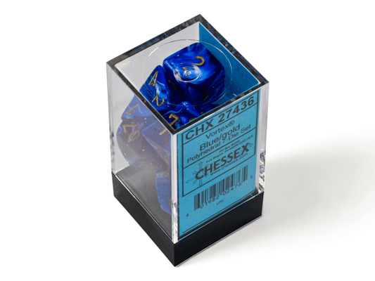 Chessex: Vortex Blue/Gold Polyhedral 7 - Dice Set - Collector Store LLC