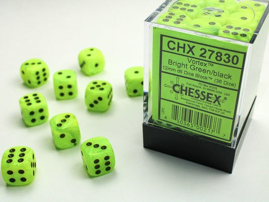 Chessex: Vortex BrightGreen/Black 12mm d6 Dice Block (36 Dice) - Collector Store LLC