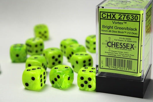 Chessex: Vortex BrightGreen/Black 16mm d6 Dice Block (12 Dice) - Collector Store LLC