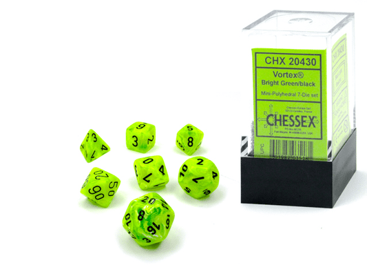 Chessex: Vortex BrightGreen/Black MINI Polyhedral 7 - Dice Set - Collector Store LLC