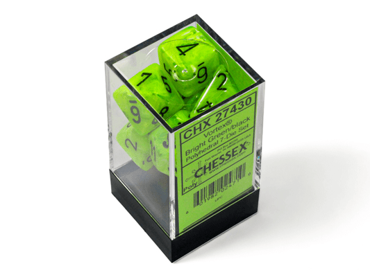 Chessex: Vortex BrightGreen/Black Polyhedral 7 - Dice Set - Collector Store LLC
