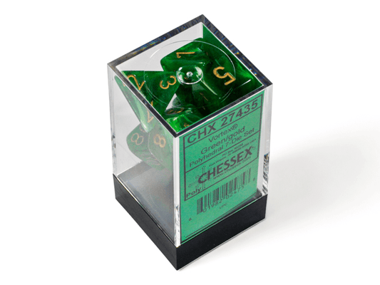 Chessex: Vortex Green/Gold Polyhedral 7 - Dice Set - Collector Store LLC