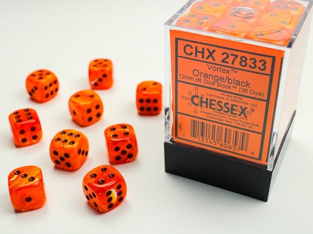 Chessex: Vortex Orange/Black 12mm d6 Dice Block (36 Dice) - Collector Store LLC