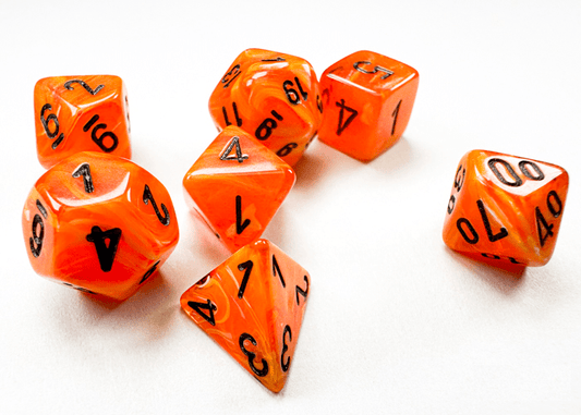 Chessex: Vortex Orange/Black MINI Polyhedral 7 - Dice Set - Collector Store LLC