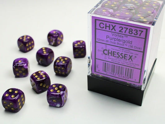 Chessex: Vortex Purple/Gold 12mm d6 Dice Block (36 Dice) - Collector Store LLC
