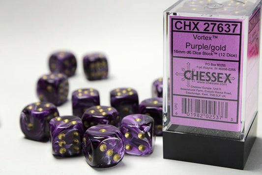 Chessex: Vortex Purple/Gold 16mm d6 Dice Block (12 Dice) - Collector Store LLC