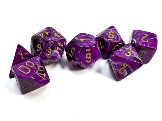 Chessex: Vortex Purple/Gold Polyhedral 7 - Dice Set - Collector Store LLC
