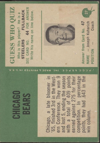 Chicago Bears 1966 Philadelphia Team Card #27 VG - EX - Collector Store LLC