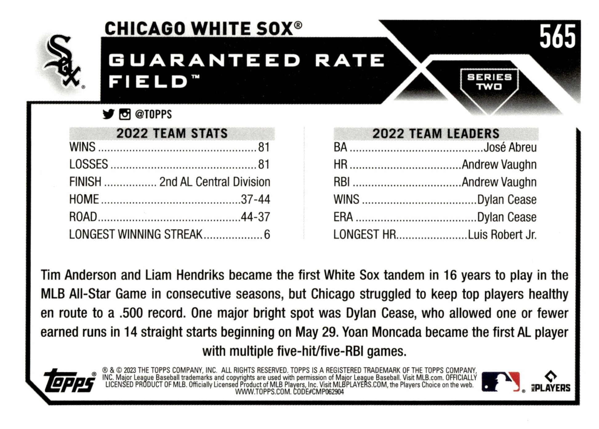 Chicago White Sox 2023 Topps Series 2 Orange Foilboard 250/299 #565 - Collector Store LLC
