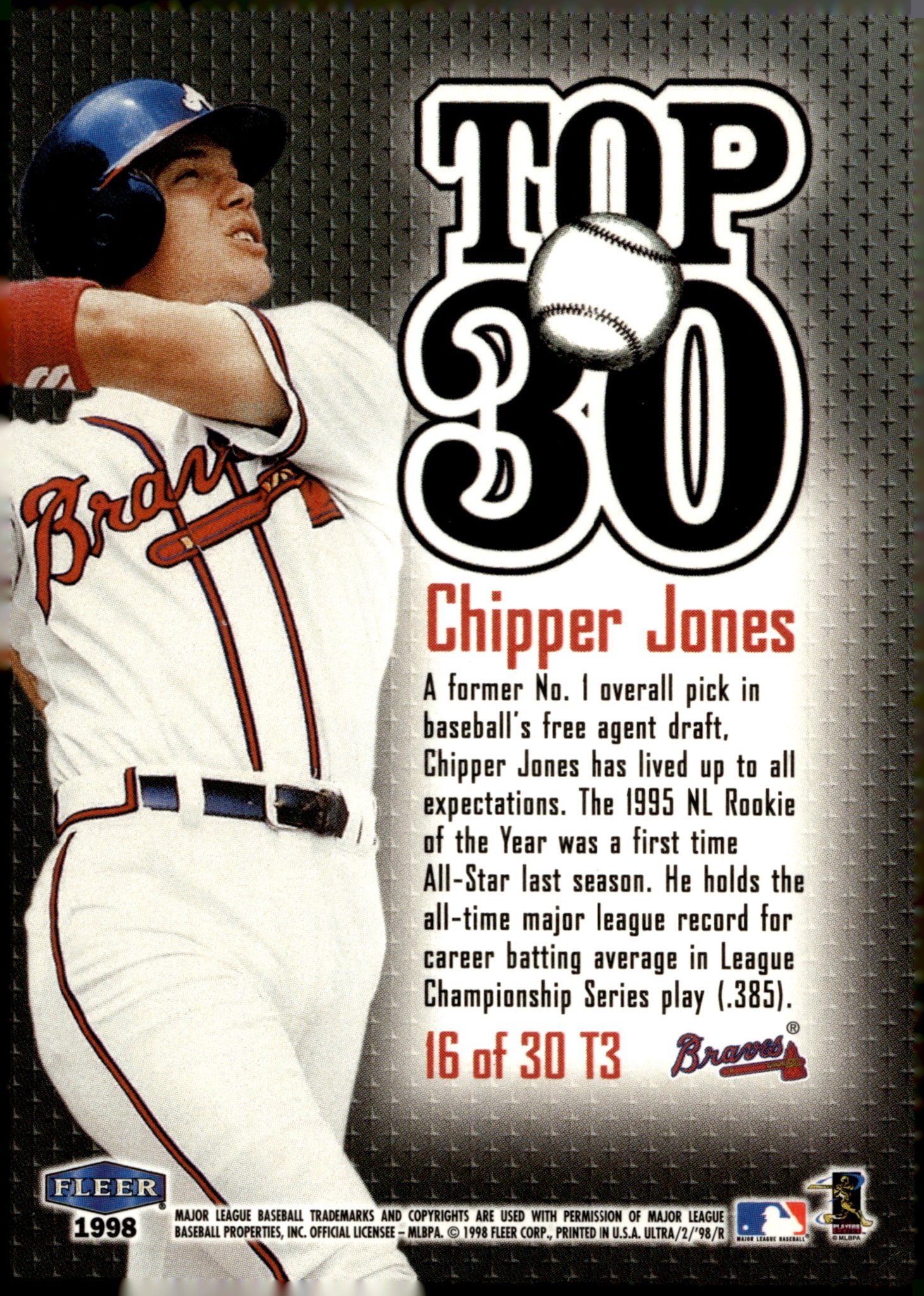 Chipper Jones 1998 Fleer Ultra Top 30 16 - Collector Store LLC