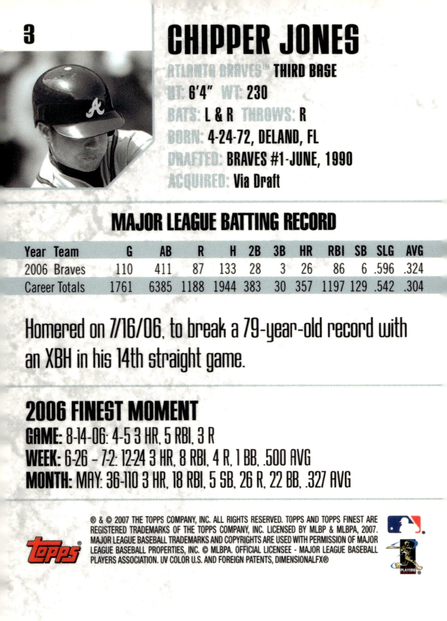 Chipper Jones 2007 Topps Finest 3 - Collector Store LLC