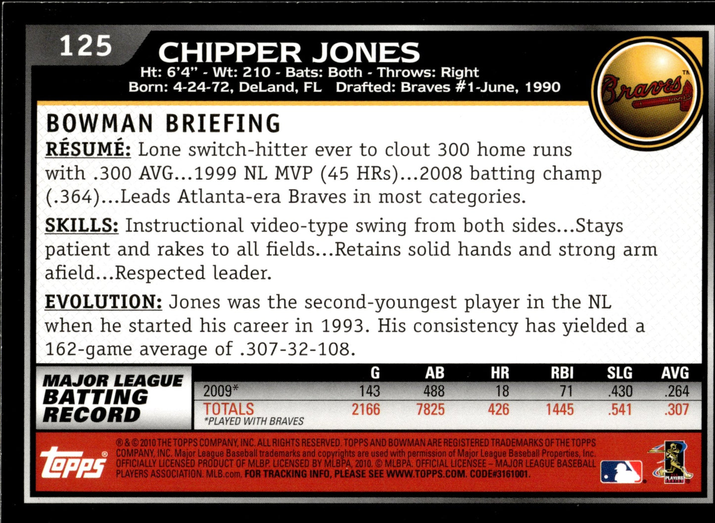 Chipper Jones 2010 Bowman Gold Border 125 - Collector Store LLC