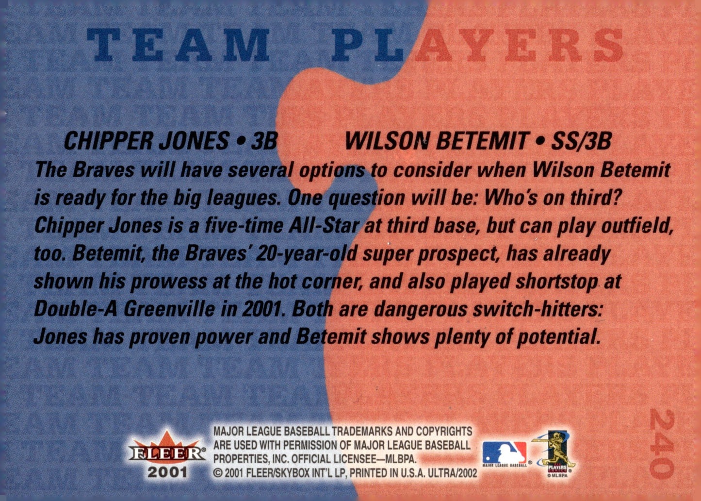 Chipper Jones / Wilson Betemit 2001 Fleer Ultra Team Players 240 - Collector Store LLC