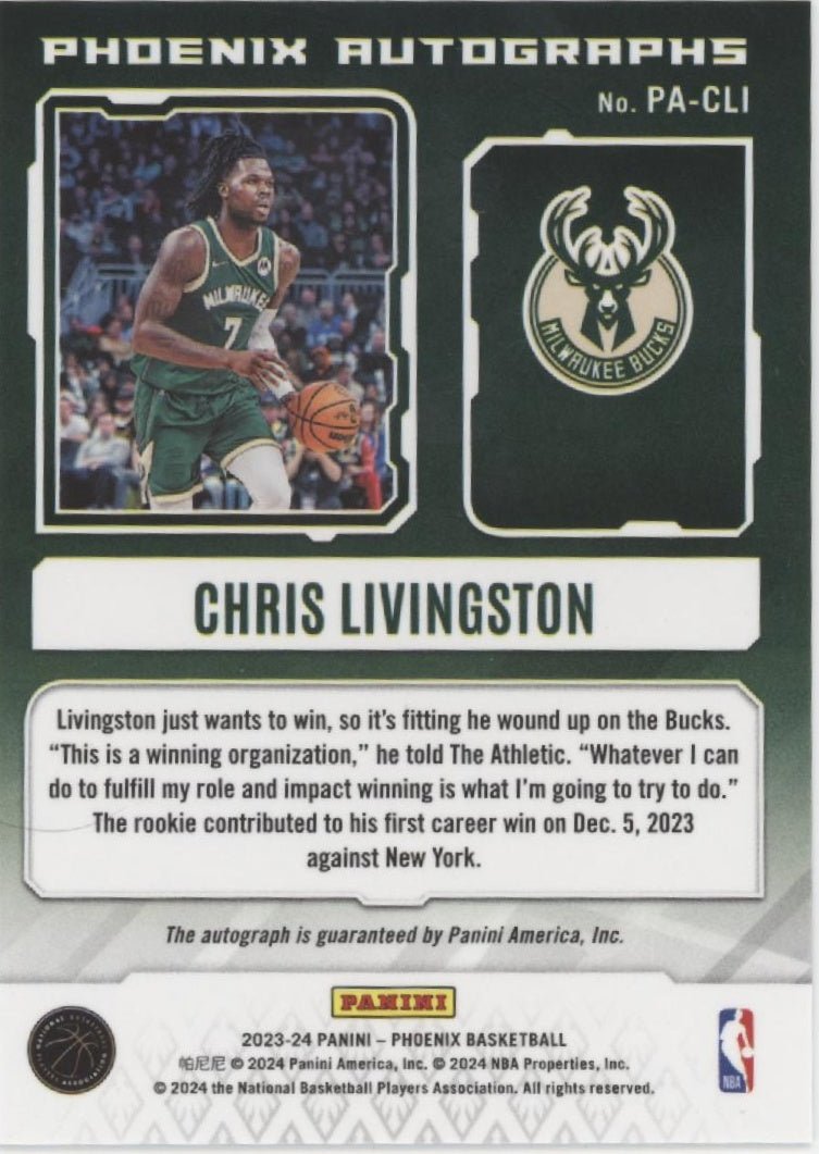 Chris Livingston 2023 - 24 Panini Phoenix Refractor RC Auto #PA - CLI - Collector Store LLC