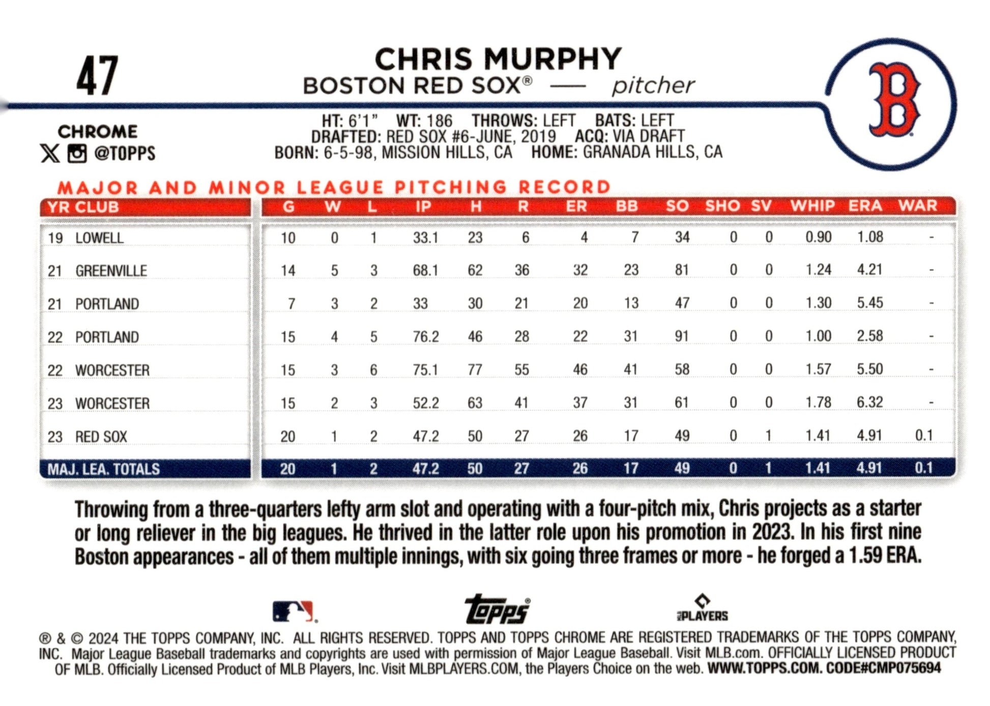 Chris Murphy 2024 Topps Chrome Sepia Refractor RC 47 - Collector Store LLC
