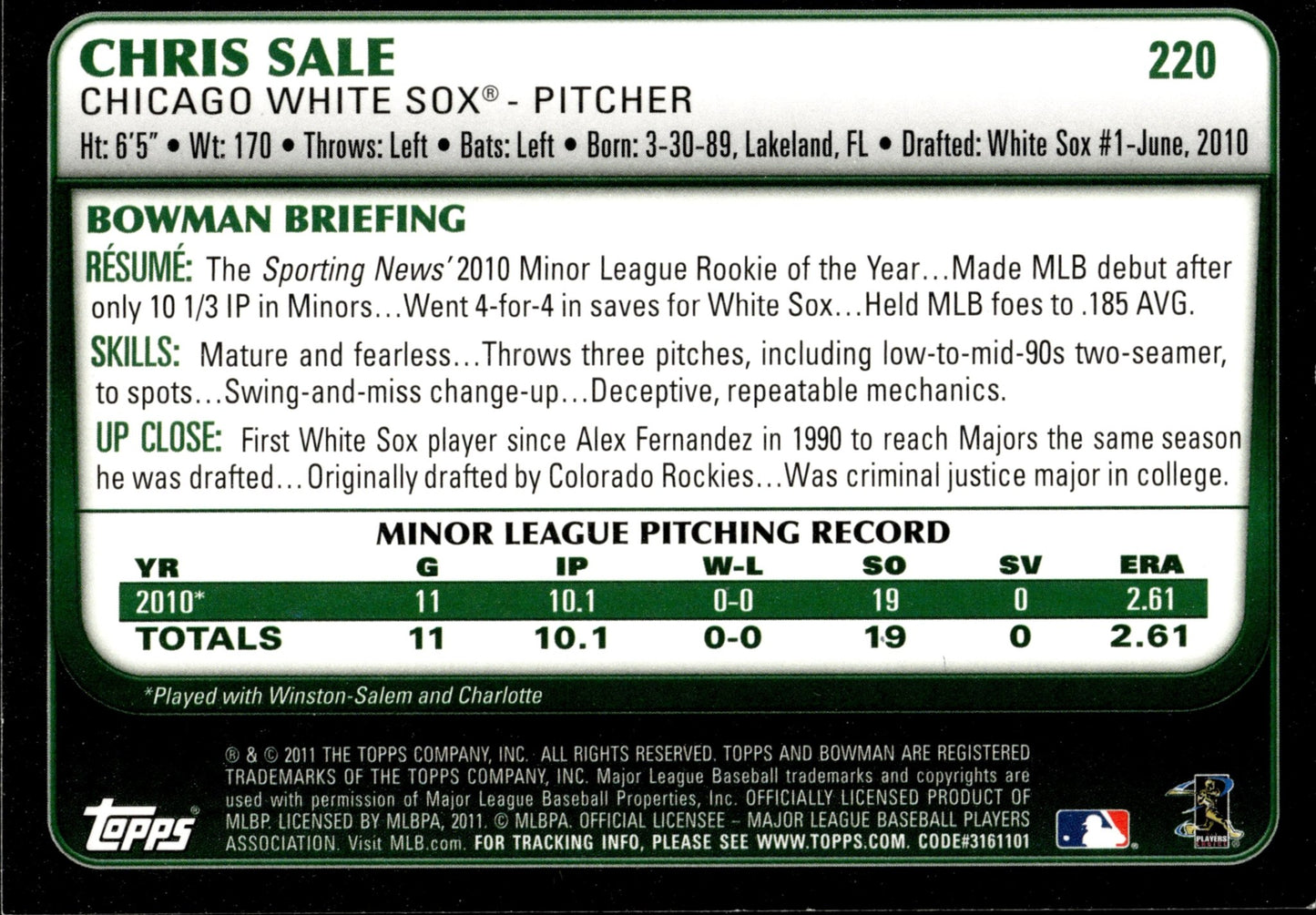 Chris Sale 2011 Bowman RC 220 - Collector Store LLC