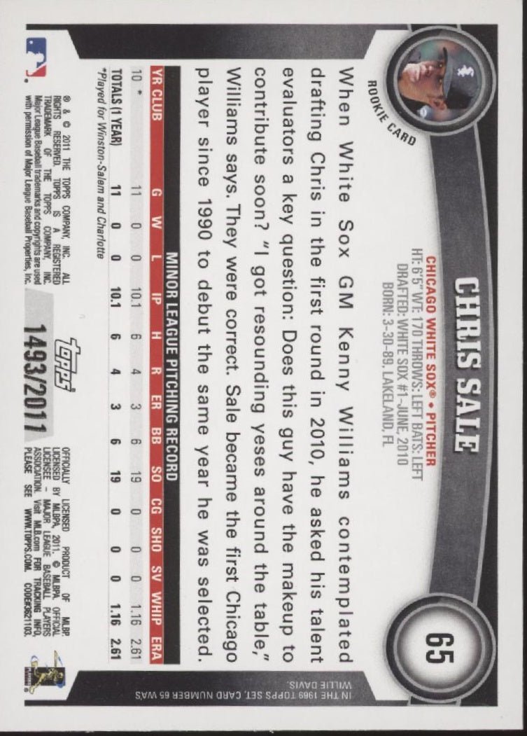 Chris Sale 2011 Topps 60 Years of Collecting Gold RC 1493/2011 #65 - Collector Store LLC