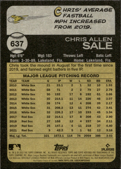 Chris Sale 2022 Topps Chrome Heritage Purple Refractor 637 - Collector Store LLC