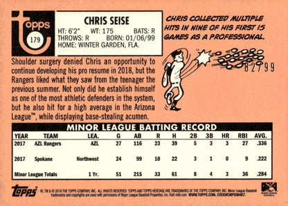 Chris Seise 2018 Topps Heritage Blue 82/99 179 - Collector Store LLC
